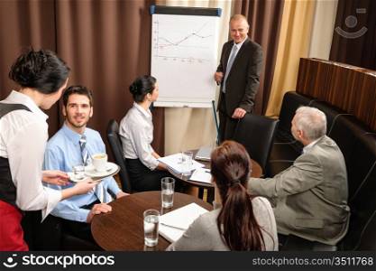 Executive businessman giving presentation on flip-chart to team formalwear