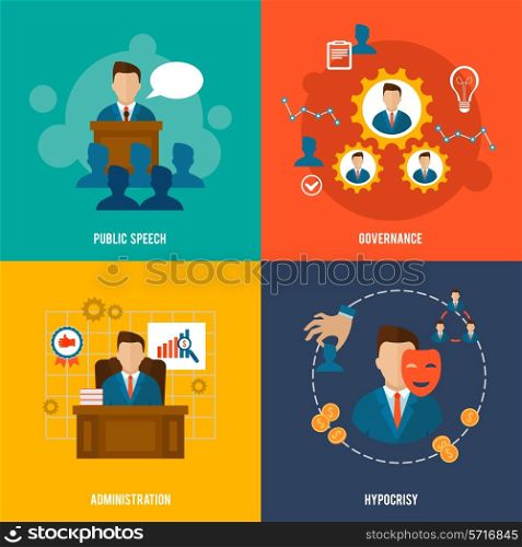 Executive flat icons set with public speech governance administration hypocrisy isolated vector illustration.