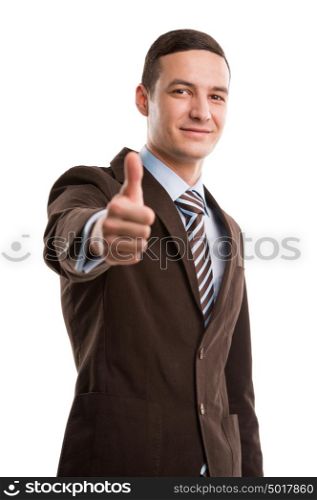 Executive giving thumbs up isolated on white background