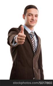 Executive giving thumbs up isolated on white background
