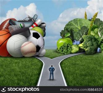 Exercise or diet choice health and fitness lifestyle concept as a person at a crossroad with sports items on and healthy food on opposite sides as a dieting or exercising symbol with 3D illustration elements.