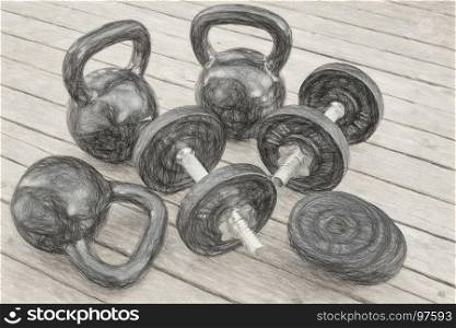 exercise weights - kettlebells and dumbbells on a wooden deck - a home gym concept, diigtal charcoal painitng effect