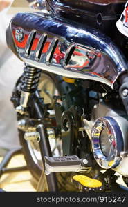 exhaust or intake of racing motorcycle Close up. Low angle photograph of motorcycle