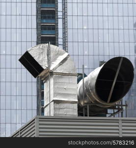 Exhaust pipe by modern office building, Lower Manhattan, New York City, New York State, USA