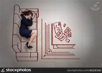 Exhausted businesswoman. Tired businesswoman sleeping on floor and dreaming