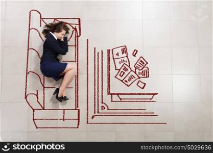 Exhausted businesswoman. Tired businesswoman sleeping on floor and dreaming