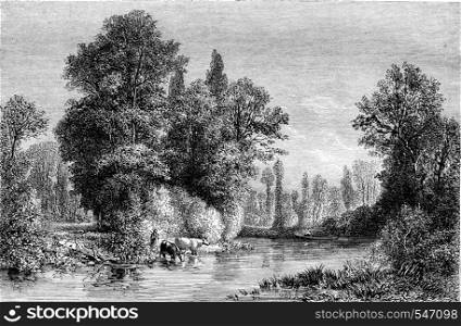 Exhibition of 1861, Banks of the Seine at Saint-Julien near Troyes, by Pron, vintage engraved illustration. Magasin Pittoresque 1861.
