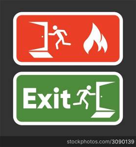 Exit fire signs set. Emergency Exit. Man figure running to doorway. Plate fire exit. Vector illustration. Exit fire signs set. Emergency Exit. Man figure running to doorway. Plate fire exit. Vector