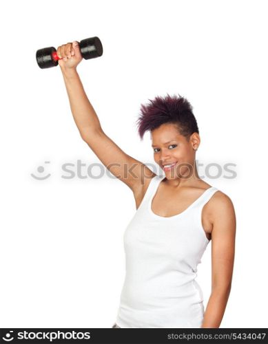 Exotic african girl in the gym lifting weights isolated on white background