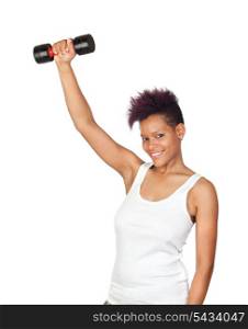 Exotic african girl in the gym lifting weights isolated on white background