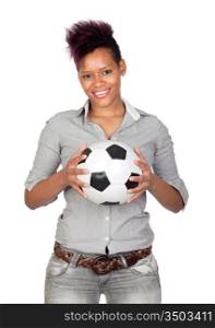 Exotic african girl with a soccer ball isolated on white background