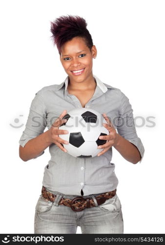 Exotic african girl with a soccer ball isolated on white background