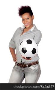 Exotic african girl with a soccer ball isolated on white background