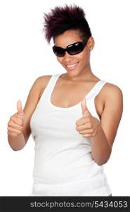 Exotic african girl with sunglasses saying Ok isolated on white background