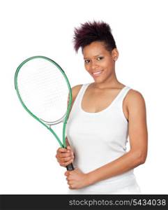 Exotic african tennis player isolated on white background