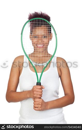 Exotic african tennis player isolated on white background