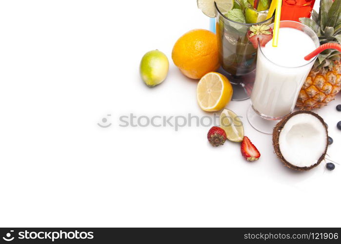 Exotic alcohol drinks set with fruits isolated on white backgrou. Exotic alcohol drinks set with fruits isolated on white background