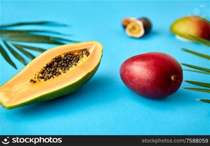 exotic fruits, food and summer concept - papaya and mango on blue background. papaya and mango on blue background