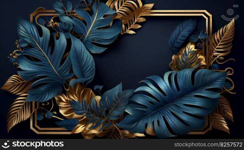 Exotic luxury background, frame, card. Tropical green, blue and golden palm leaves. Generative ai illustration. . Exotic luxury background, frame, card. Tropical green, blue and golden palm leaves. Generative ai. 