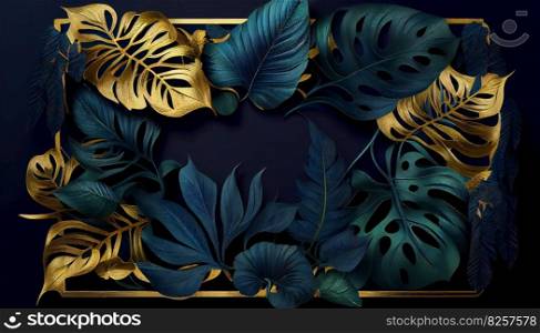 Exotic luxury background, frame, card. Tropical green, blue and golden palm leaves. Generative ai illustration. . Exotic luxury background, frame, card. Tropical green, blue and golden palm leaves. Generative ai. 