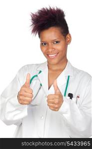 Exotic medical girl saying Ok isolated on white background