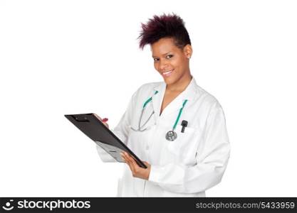 Exotic medical girl with clipboard isolated on white background