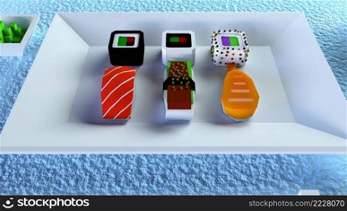 Exotic seafood in 3d render of appetizing snack. Traditional japanese food of fresh fish and rice with vegetable spices. Asian sashimi with tuna and salmon slices with wasabi sauce. Exotic seafood in 3d render of appetizing snack. Traditional japanese food of fresh fish and rice with vegetable spices. Asian sashimi with tuna and salmon slices with wasabi sauce.. Low poly sushi plate
