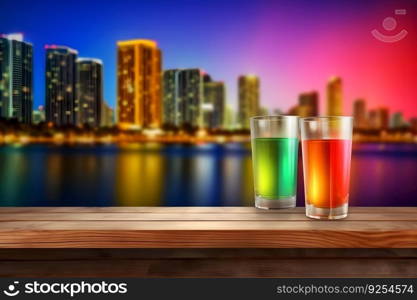 Exotic summer drinks, blur sandy beach on background. Neural network AI generated art. Exotic summer drinks, blur sandy beach on background. Neural network AI generated