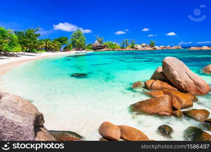 Exotic tropical beach scenery. Seychelles , Praslin island, famous with granite rocks