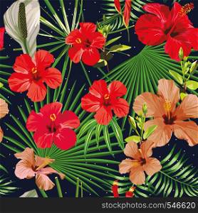 Exotic tropical leaves and hibiscus flowers seamless pattern night stars background. Trendy vector illustrations