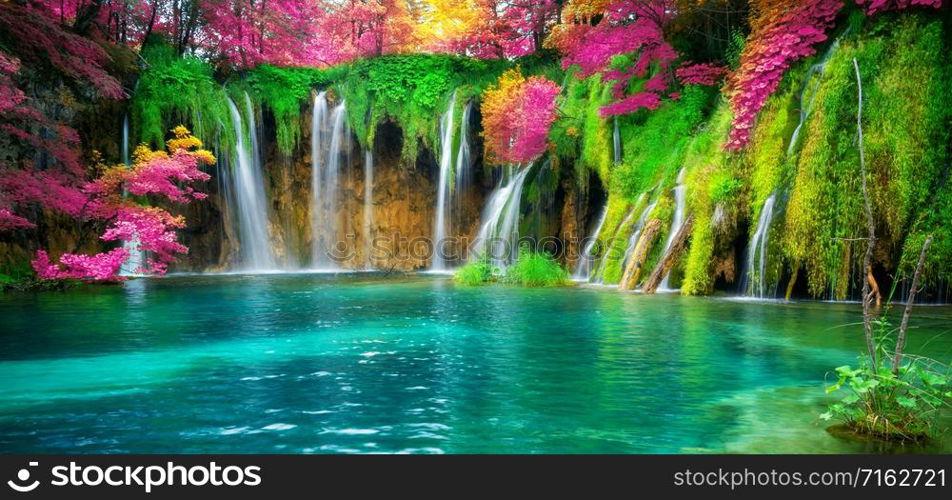 Exotic waterfall and lake landscape of Plitvice Lakes National Park, UNESCO natural world heritage and famous travel destination of Croatia. The lakes are located in central Croatia (Croatia proper).