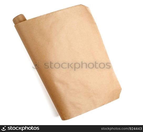 expanded brown paper roll on a white background, full frame, copy space