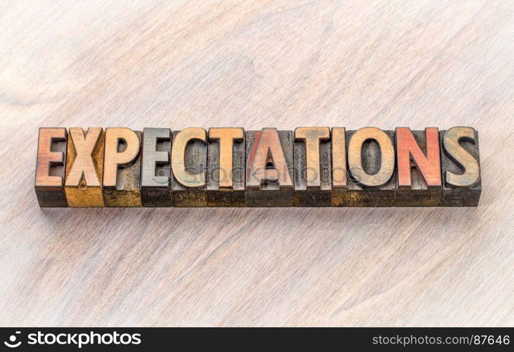 expectations word abstract in vintage letterpress wood type