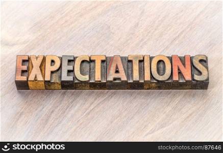 expectations word abstract in vintage letterpress wood type