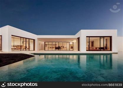 Expensive one story Villa with pool 3d illustrated