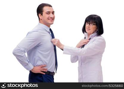 Experienced doctor examining young man isolated on white