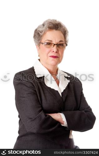 Experienced female business lawyer in suit. Beautiful Senior old woman with arms crossed, isolated.