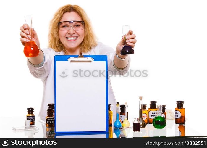Experiment, research in progress. Chemist woman or student girl, laboratory assistant or scientific researcher with chemical glassware test flask and blank clipboard