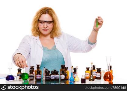 Experiment, research in progress. Chemist woman or student girl, laboratory assistant or scientific researcher with chemical glassware test flask. Isolated on white
