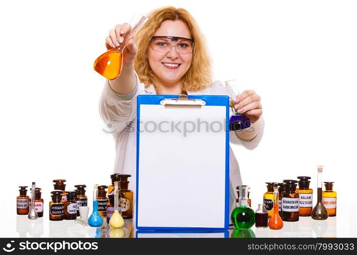 Experiment, research in progress. Chemist woman or student girl, laboratory assistant or scientific researcher with chemical glassware test flask and blank clipboard