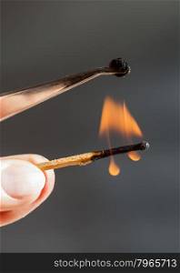 experiment to determine the composition of tissue - match flame ignites silk tissue sample