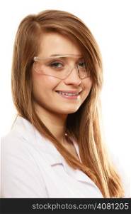 Experiments in laboratory. Chemist woman or girl student of chemistry or scientific researcher in goggles glasses isolated.