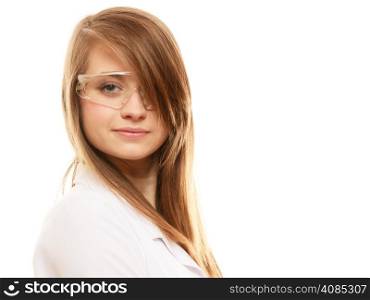 Experiments in laboratory. Chemist woman or girl student of chemistry or scientific researcher in goggles glasses isolated.