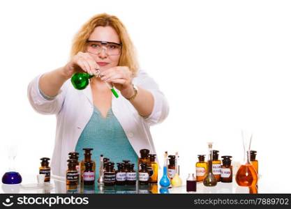 Experiments in laboratory. Chemist woman or student girl scientific researcher with chemical bottles test flask. Isolated on white