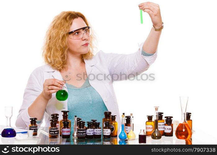 Experiments in laboratory. Chemist woman or student girl scientific researcher with chemical bottles test flask. Isolated on white