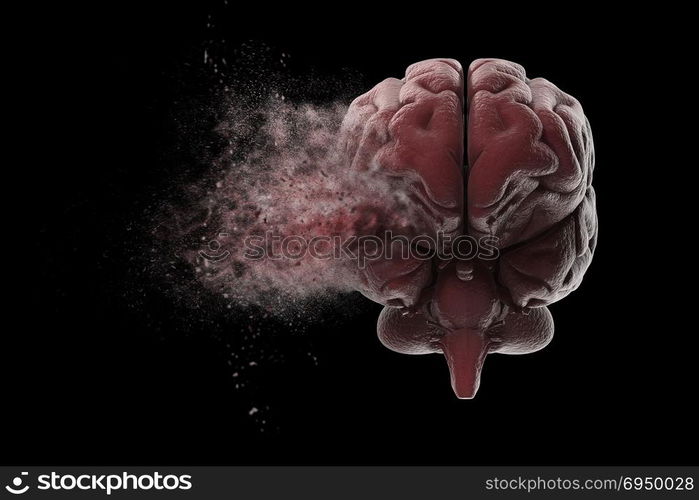 Exploding brain. Human brain exploding over black background. 3D illustration