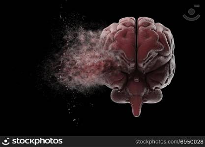 Exploding brain. Human brain exploding over black background. 3D illustration