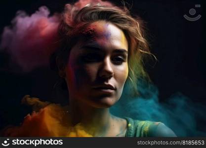 Exploding colour powder in rainbow colours forming a portrait of a beautiful young woman created with generative AI technology