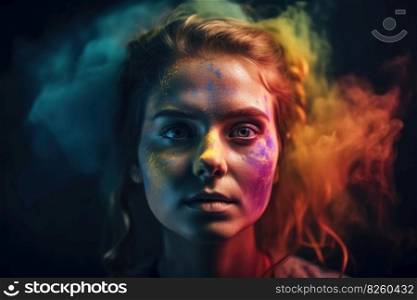 Exploding colour powder in rainbow colours forming a portrait of a beautiful young woman created with generative AI technology