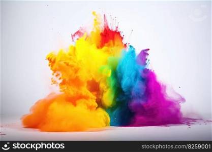 Exploding colour powder in rainbow colours on a white background created with generative AI technology